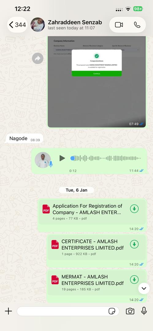 Client WhatsApp message